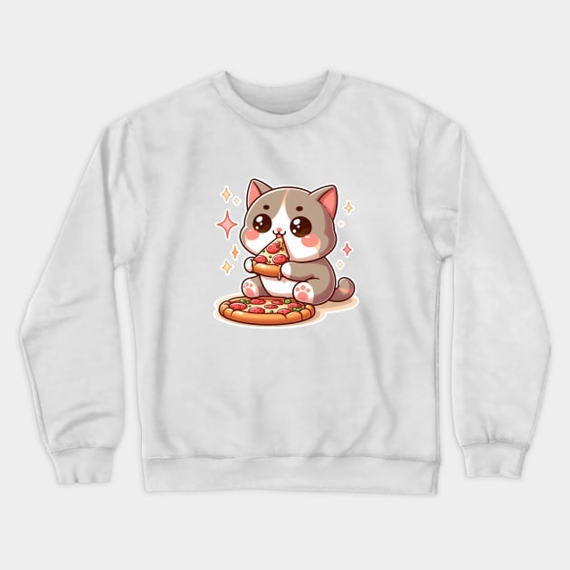 cute cat fat eat pizza slice cartoon illustration Crewneck Sweatshirt by art poo